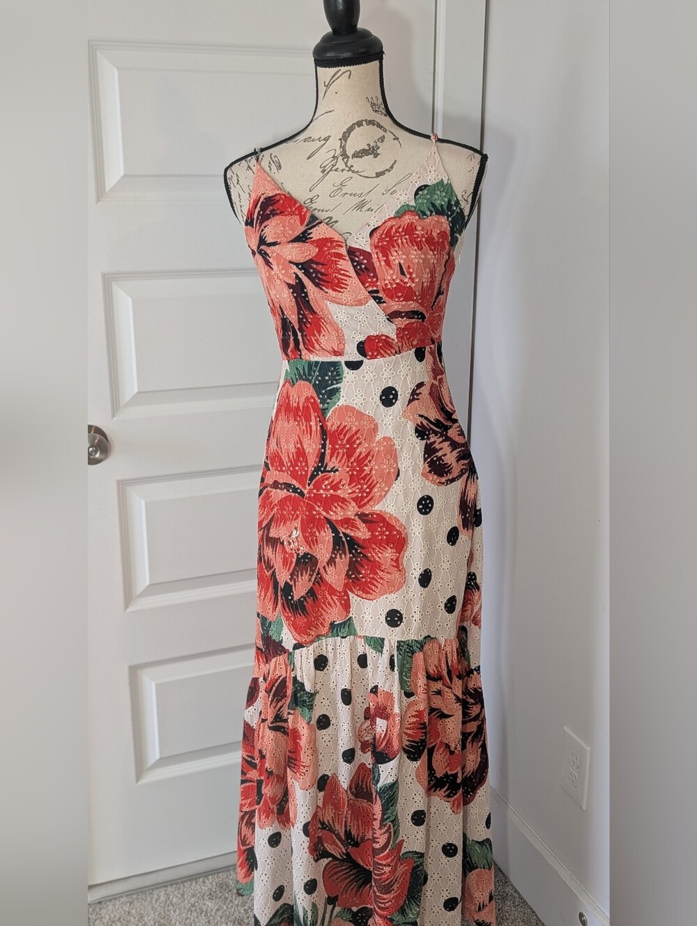 Farm Rio Anthropologie Coral Floral Spaghetti-Strap Maxi Dress Size 2 - Picture 2 of 13